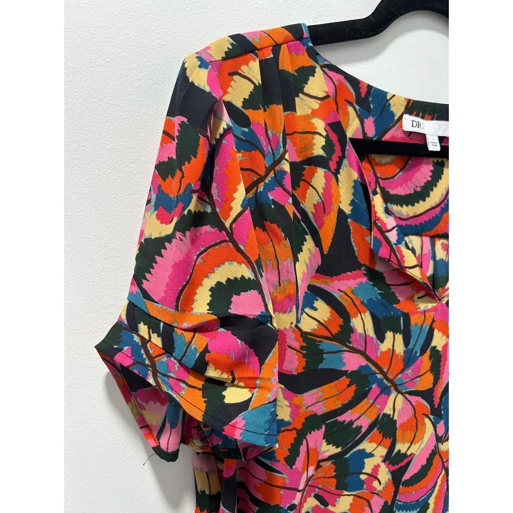 DR2 by Daniel Rainn Tropical Leaf Print Blouse Pink Orange Blue L ZDR12813PR1